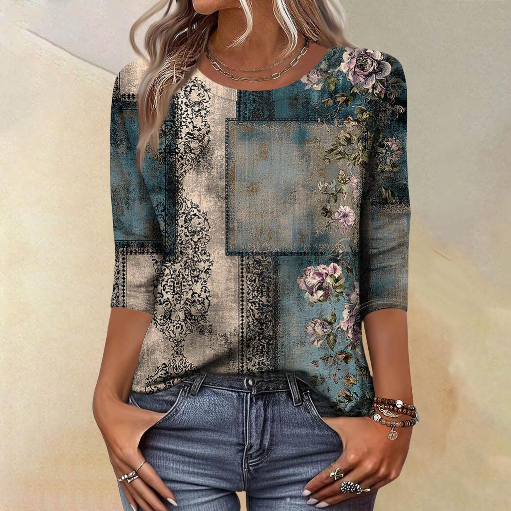 Trendy Vintage 3/4 Sleeve Top For Women ,Ladies Casual Three Quarter Sleeve Round Collar Printed T-Shirt Blouse