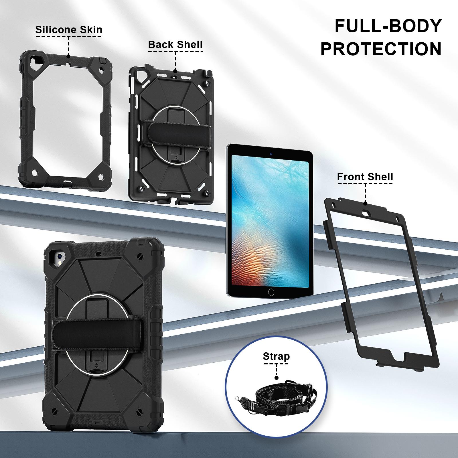 

Tablet Case For iPad 9.7-inch (2018)/(2017)/Air 2 Silicone+PC Kickstand Cover with Handy Strap,Shoulder Strap Black/Black