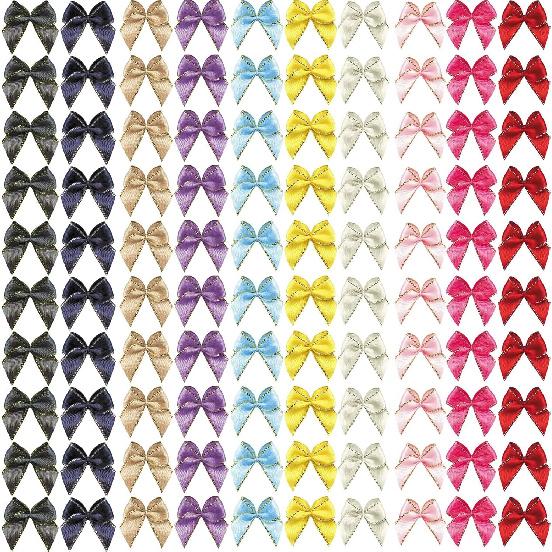 

VIVIQUEN 100 шт. Мини-бантики из атласной ленты, цветы из ленты 25 мм x 26 мм, аппликации для рукоделия, шитья, скрапбукинга, свадьбы, подарка (Металлический край - Микс 10 коричневый