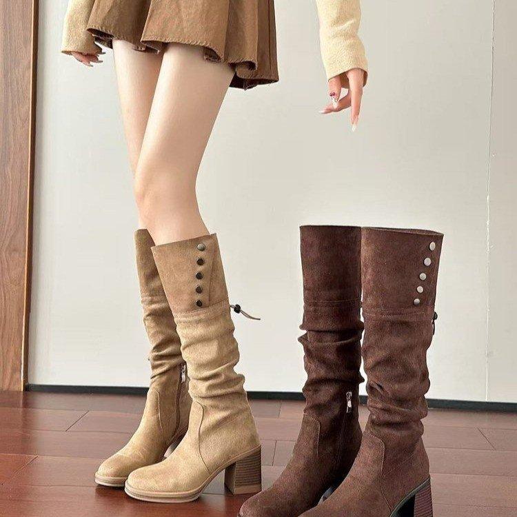 Genuine Leather~ Maillard Boots Women's 2025 Autumn and Winter New Stacking Boots Thick Heel Western Women's Boots High Heel Knight Boots