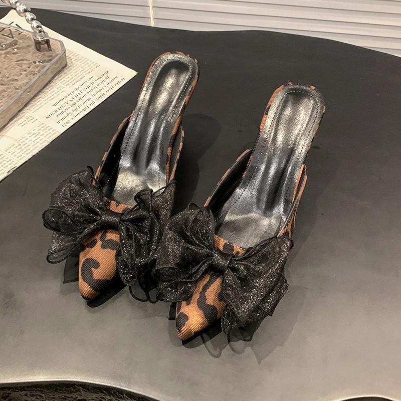 

Fashion Ladies Shoes Summer Fashion Shallow Elegant Women s Slippers New Outdoor Dress Butterfly-knot Plus Size Leopard Print High Heels 35