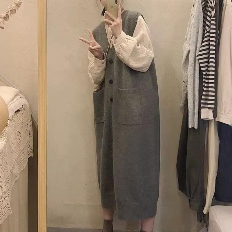 Long V-neck knitted vest skirt large size soft waxy vest dress lazy wind belly sweater skirt women's clothing