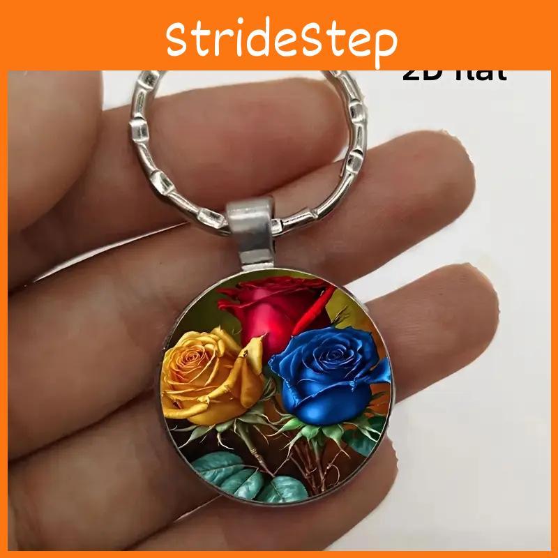 Red Yellow Blue Rose Design Keyring With Zinc Alloy And Glass For Collectors Item