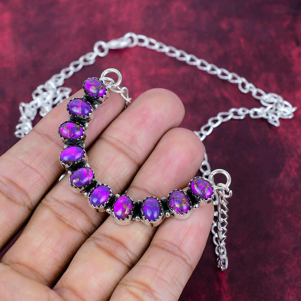 Purple Copper Turquoise 925 Solid Sterling Silver Necklace, Handmade Gemstone Jewelry Necklace, For Memorial Day