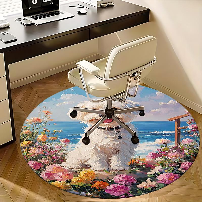 Floral Garden Dog,Ocean View Pet Chair Mat Round Rug Office Carpet, Non Slip, Suitable for Living Rooms, Bedrooms Decor.1205180a