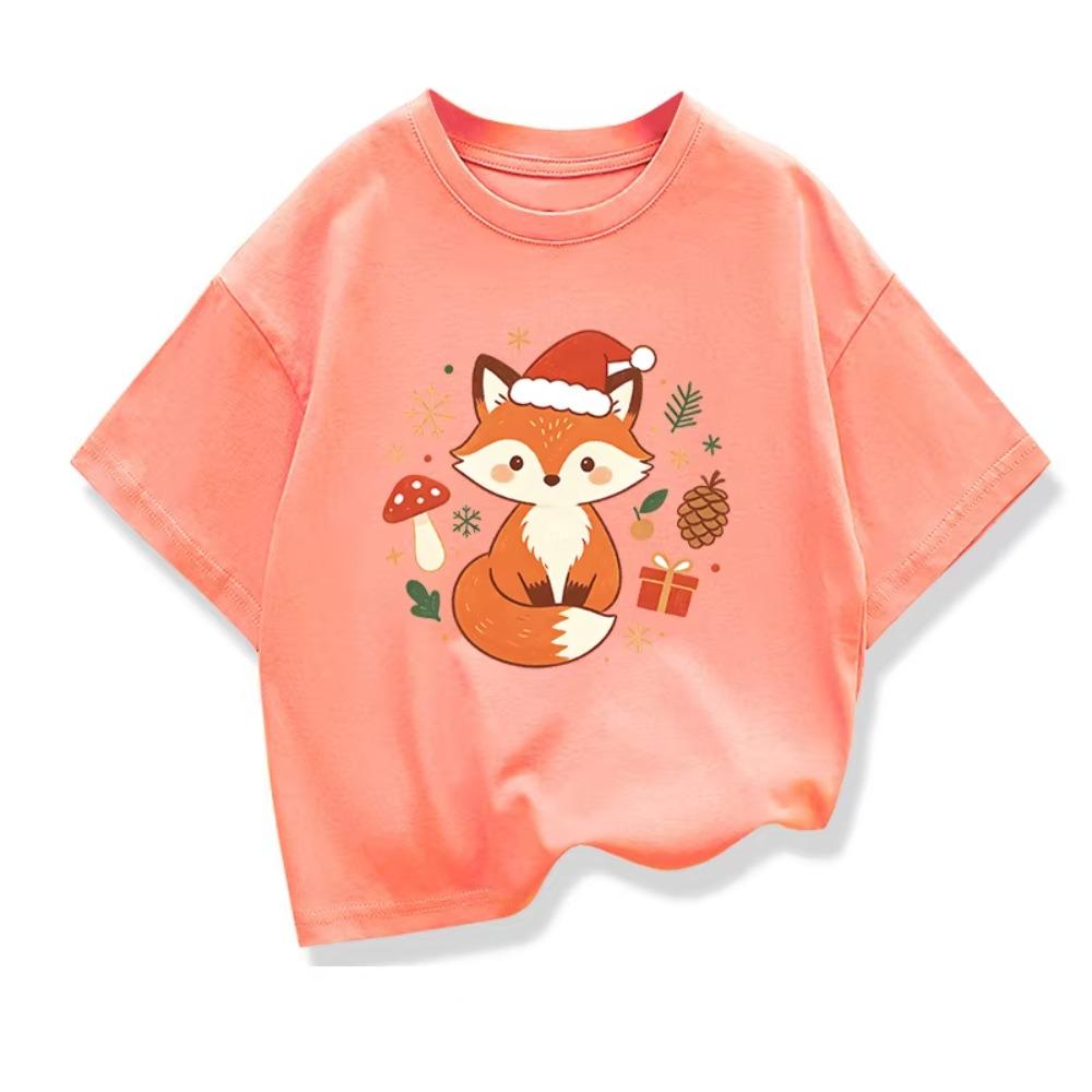 New Cute Cartoon Fox Printed Christmas Children's Gift T-shirt Summer Children's Short Sleeve Printed T-shirt Kids Tops Clothes