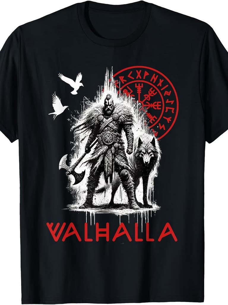 Viking Norse Valhalla Odin Wolf & Raven T-Shirt - Retro Viking Runes & Odin Rune