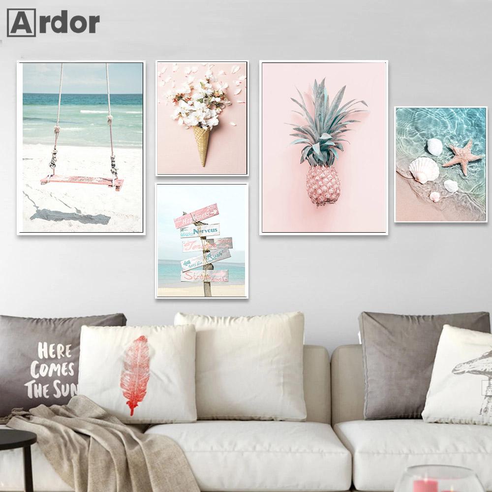 Flower Pineapple Wall Art Canvas Painting Beach Sea Starfish Shell Poster Landscape Print Nordic Wall Pictures Living Room Decor