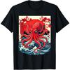 Vintage Japanese Octopus Shirt Woodblock Art Ocean Wave Sun T-Shirt