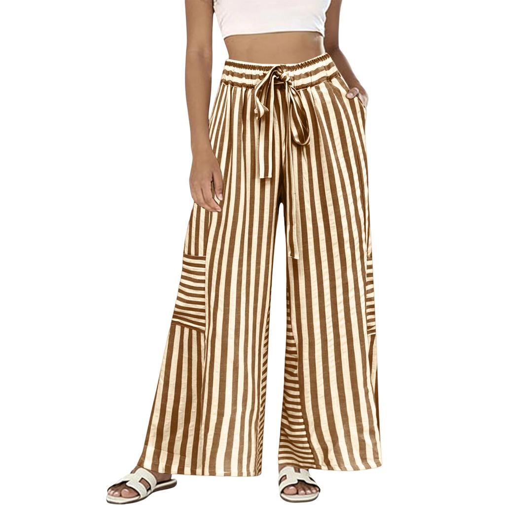 Women's Striped Loose Casual Comfortable High Waist Wide Leg Straight Drawstring Pocket Casual Pants