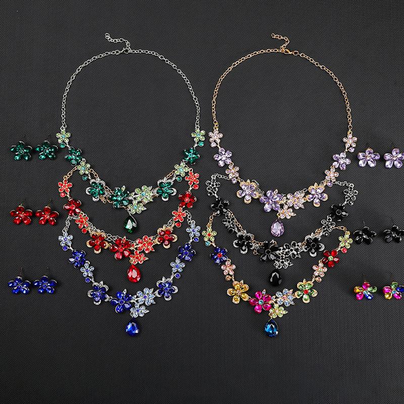 Vintage Floral Crystal Bridal Jewelry Set European Wedding Earrings Necklace Accessories for Women