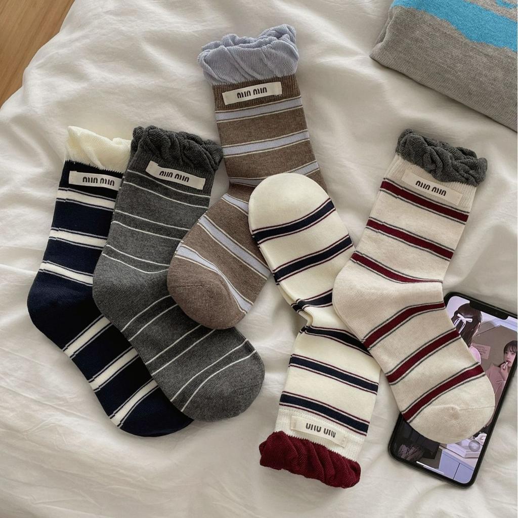 Big Bubble Mouth College Style Cloth Label Striped Pile Socks Korean Mid-Tube Versatile Boneless Socks Are Contrasting Socks