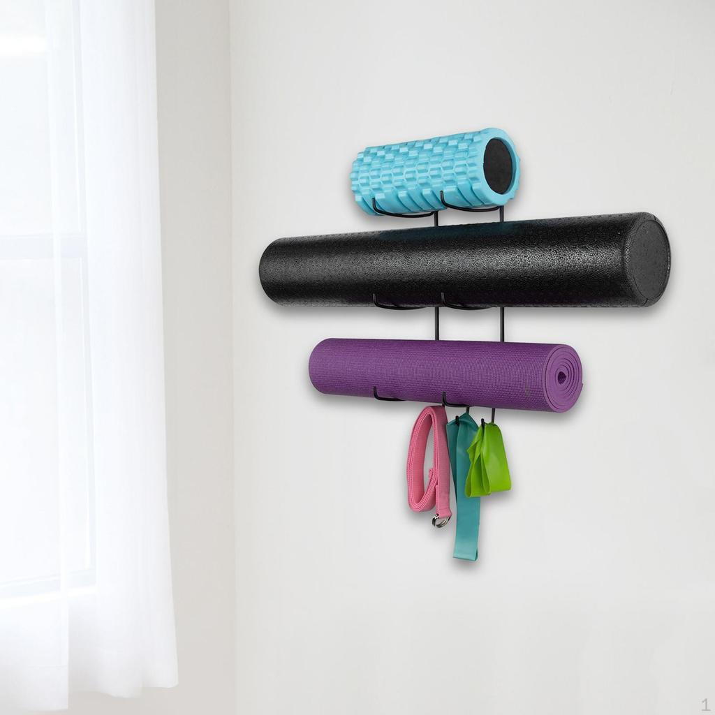 Wall Mount Yoga Mat, Foam Roller Towel Rack with Hooks, for Hanging Straps, Resistance Bands,