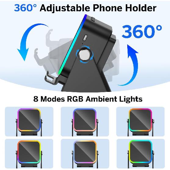 (améliorer)Haut-parleur à induction sans fil à auto-induction 5 en 1, support de téléphone avec 8 lumières RVB, son surround, support de téléphone Bluetooth portable
