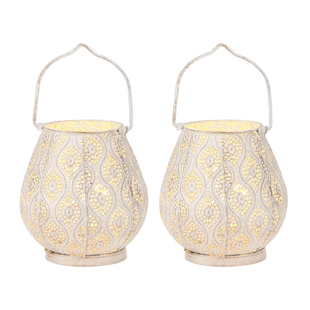 Set of Two Moroccan Style Battery Lantern Durable Garden Metal Round Lamp for Holiday Decoration (2pcs)