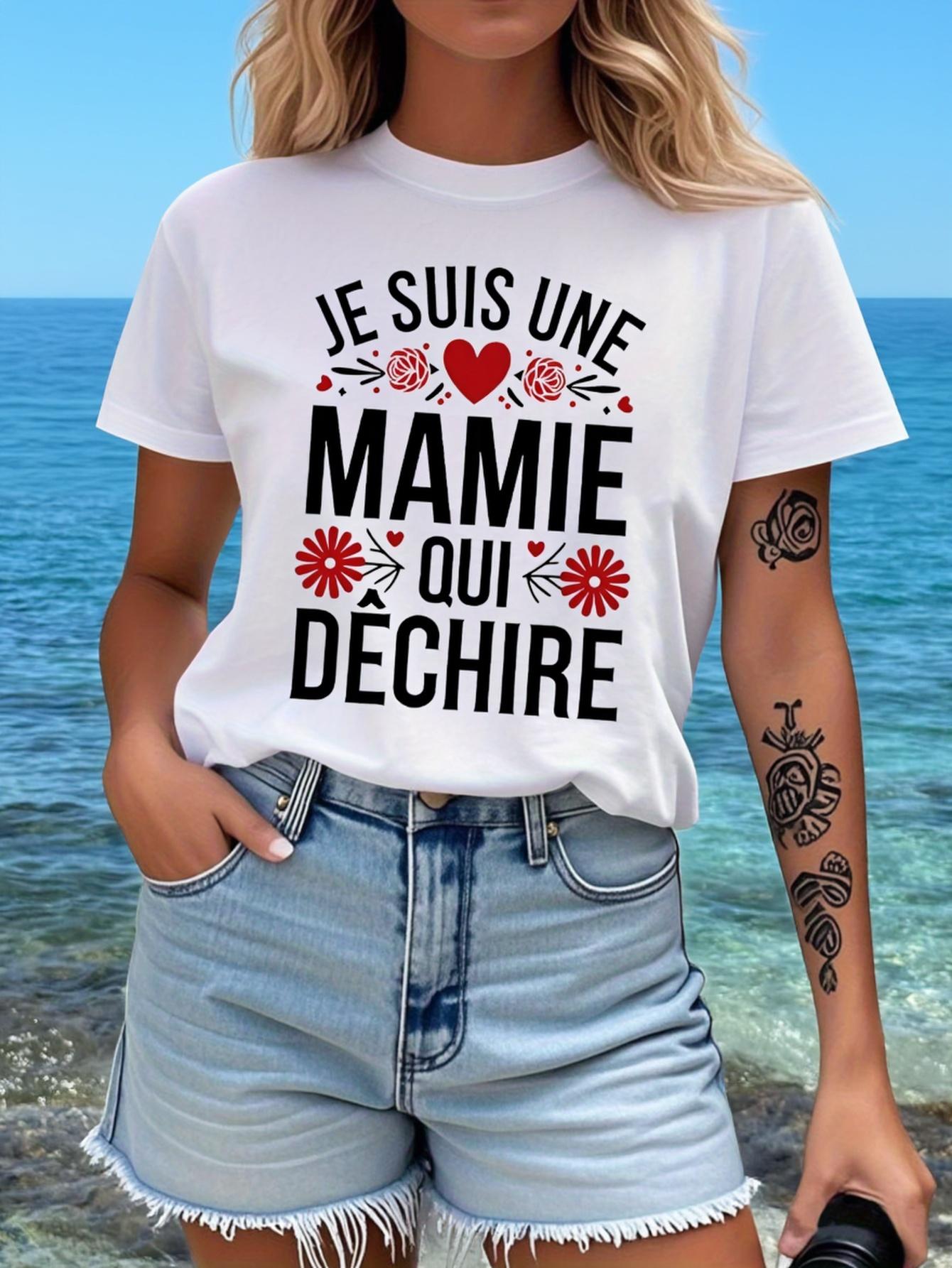 JE SUIS UNE MAMIE QUI DECHIRE Letter Print T-shirt, Short Sleeve Crew Neck Casual Top for Summer & Spring, Women s Clothing S разноцветный
