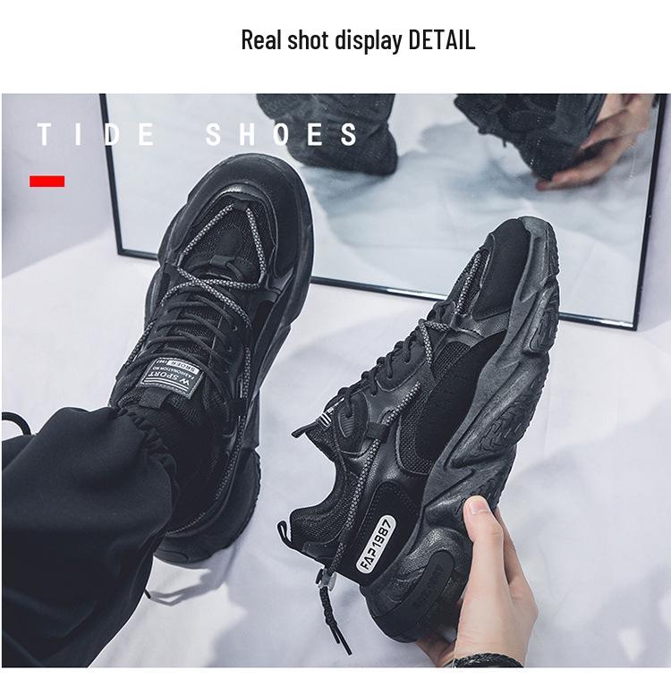 Spring Men's Breathable Thick-Soled Trendy Sneakers - Black Casual Versatile Running Shoes