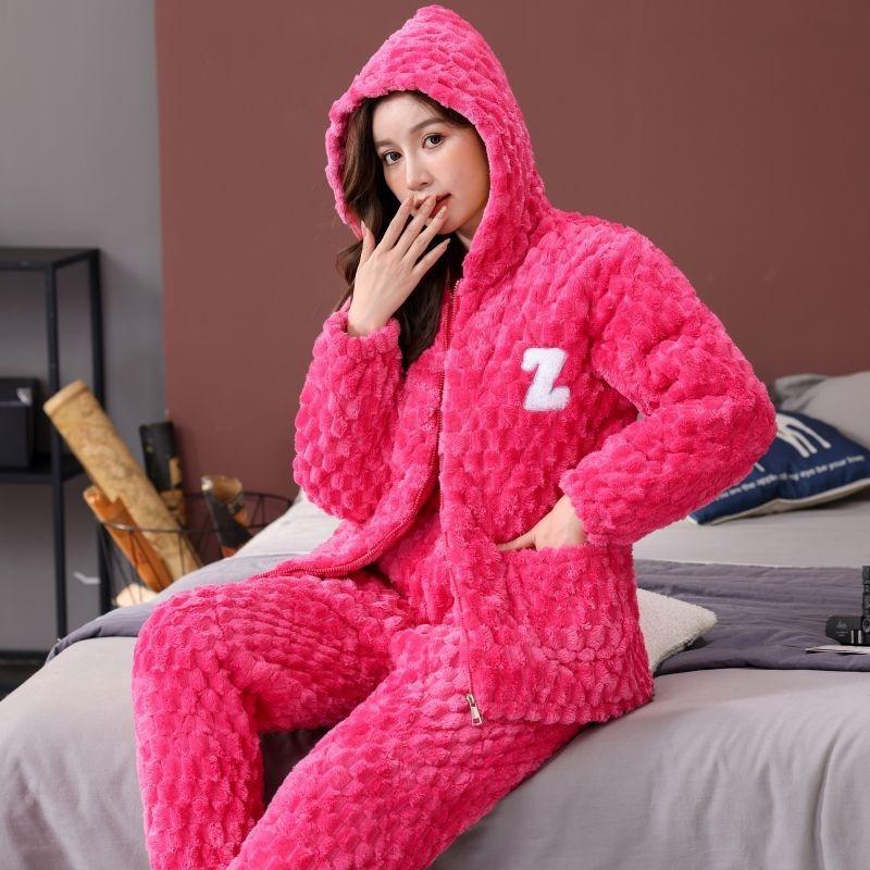 Pajamas women's winter three-layer thickened models fleece coral fleece warm padded cotton autumn and winter women's loungewear