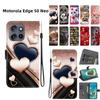Handmade PU Leather Flip Case for Motorola Edge 50 Neo Anti-Slip Shockproof Cover with Wrist Strap & Heart/Rose Cat Designs