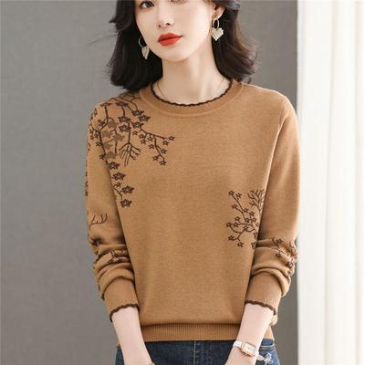 Winter Women's Wool Sweater  Crew Neck Printed Wool Sweater Soft Warm Knit Pullover