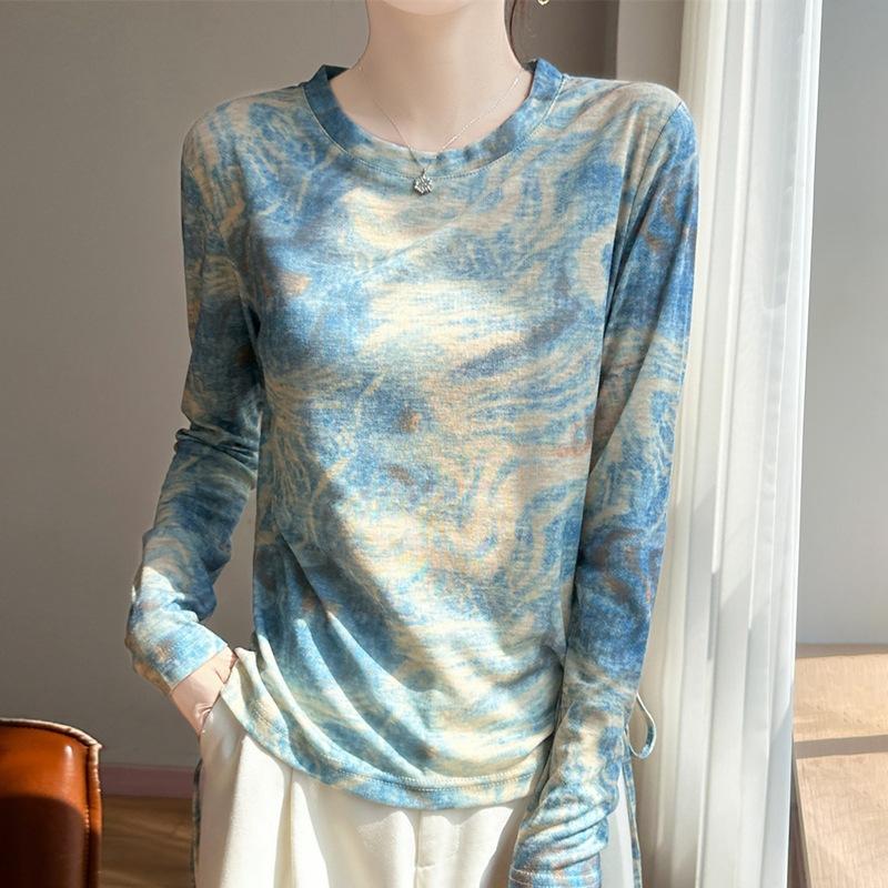 Spring and Summer New Style Elegant Loose-Fitting Top with Side Drawstrings Long-Sleeved Knitted T-Shirt Women's Printed Lightweight Blouse