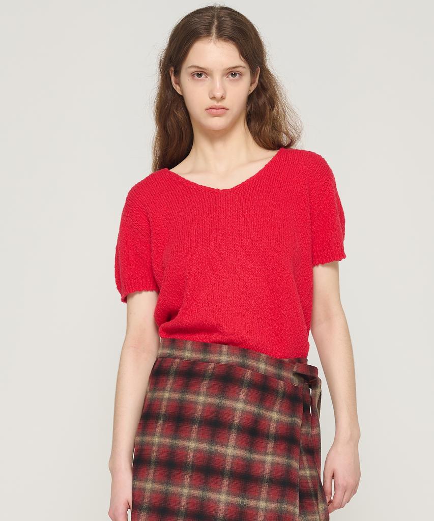 CARGOBROS FOR WOMAN Boucle V-Neck Short Sleeve Knit (Red)