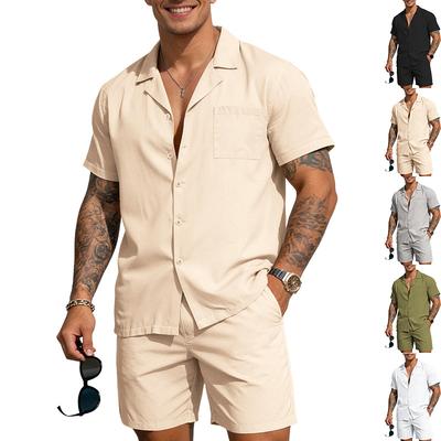 Men's Daily Casual 2 Piece Outfit Solid Color Short Sleeve Button Down Shirt & Shorts Summer Wear Set