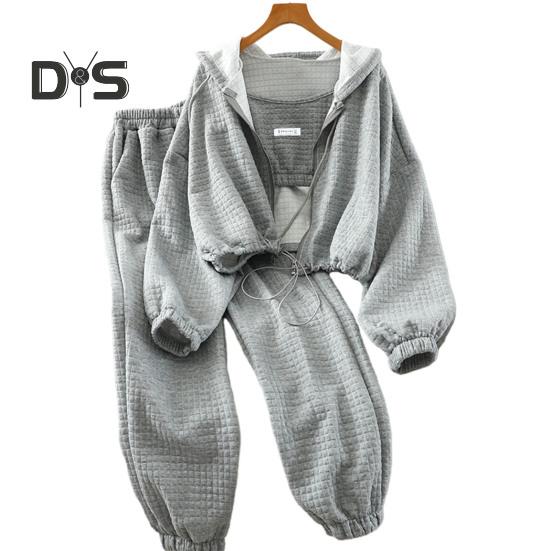 

3 шт./компл., женская осенне-зимняя спортивная экипировка, жилет на бретелях, с капюшоном и длинными рукавами, на молнии, пальто, комплект спортивных штанов с эластичной резинкой на талии M светло-серый