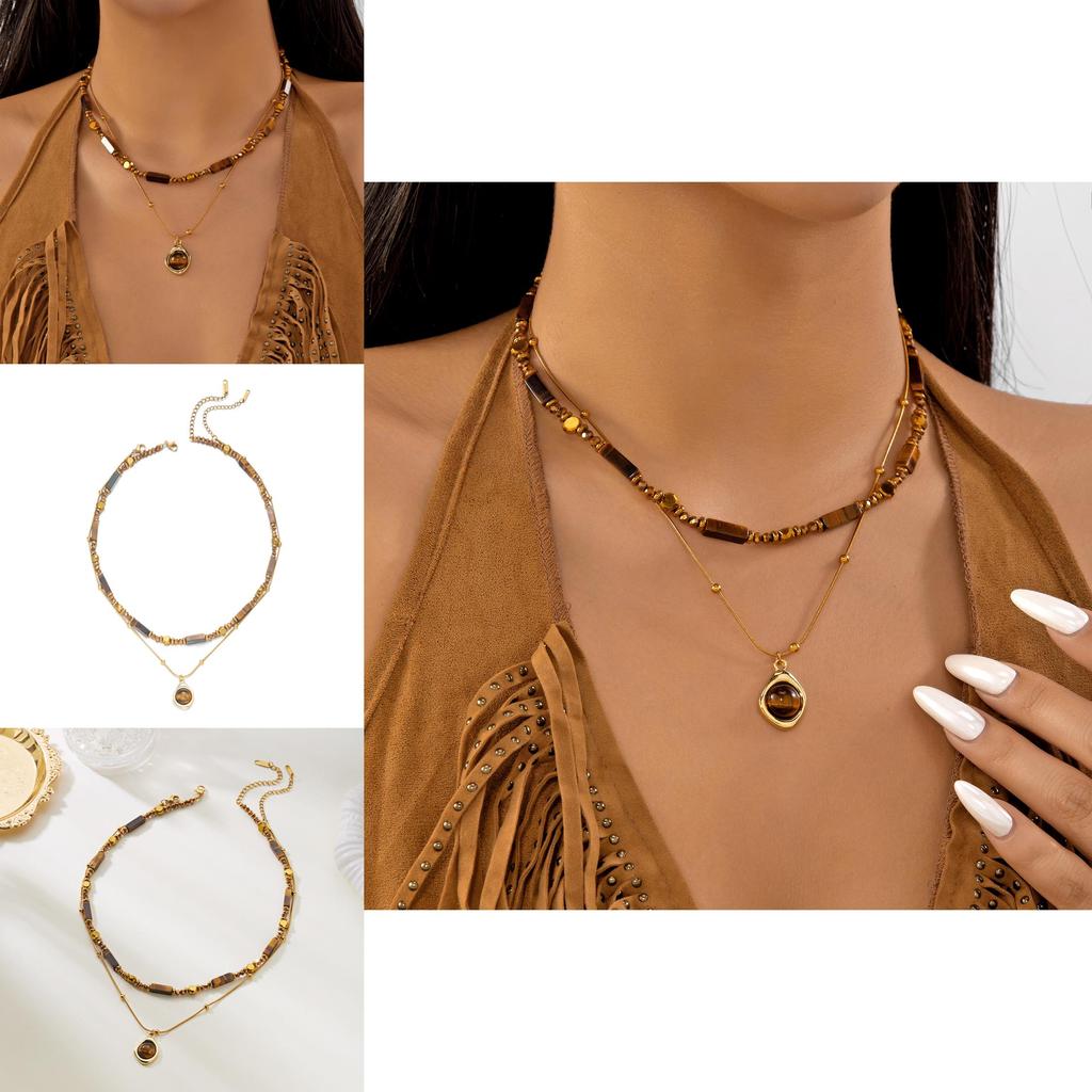 Tiger Eye Beaded Necklace With Steel Pendant Geometric Design For Fashion Casual Wear