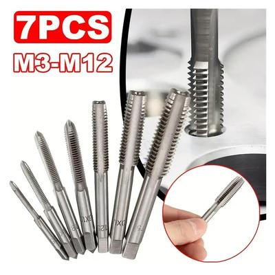 7 Pieces Square Shank Pointed Straight Groove Thread Tapping Internal Thread Tapping Tool Set, HSS Tapping Tool Set M3-M12 Hand