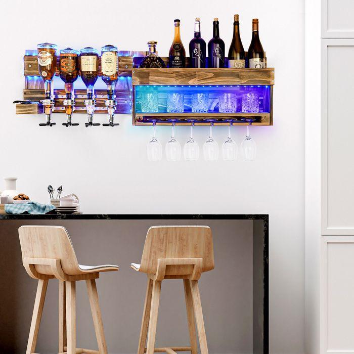 Yorbay Casier à Bouteilles Mural avec Éclairage LED, Étagère à Vin avec Distributeurs de Boissons, Porte-Bouteilles et Porte-Verres