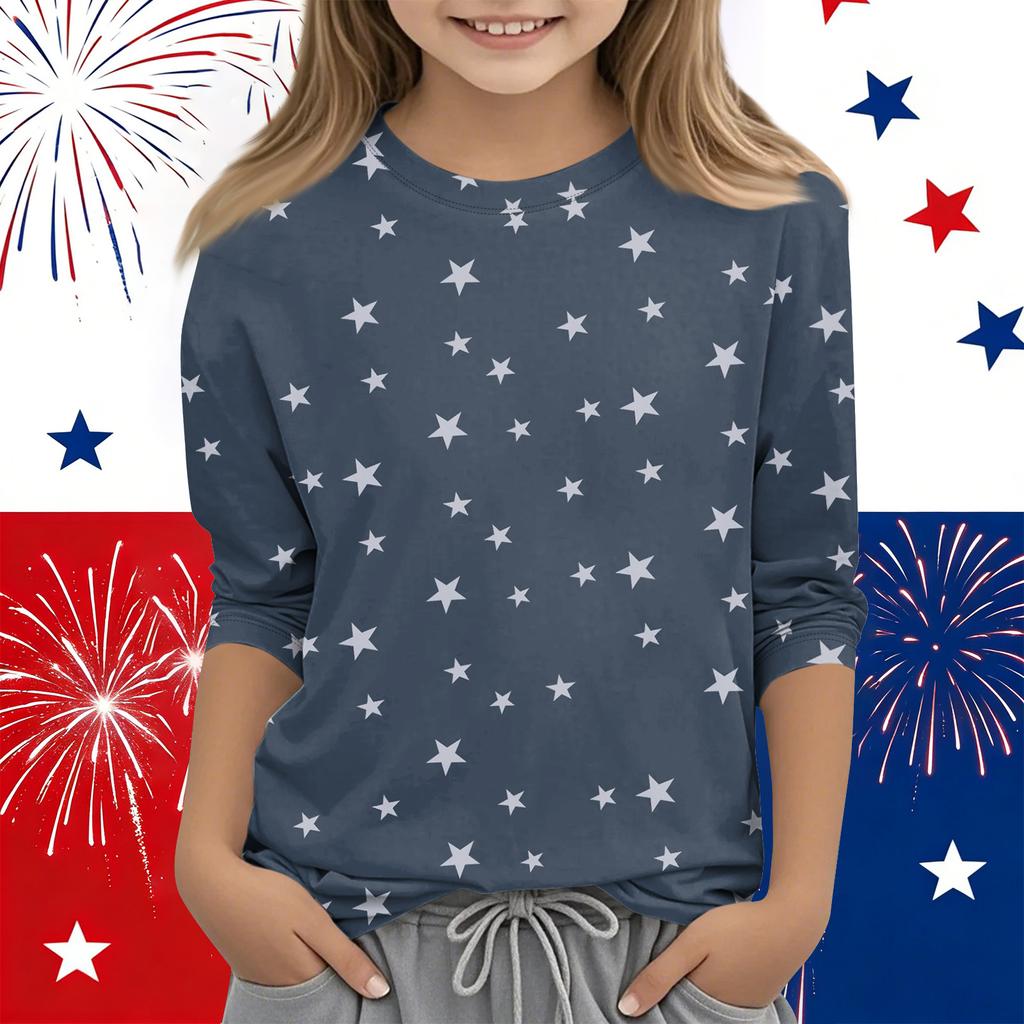 Print Tops For Youth Girls Round Neck 3/4 Sleeves T-Shirts Trendy Tops Outfit Tees Independence Day