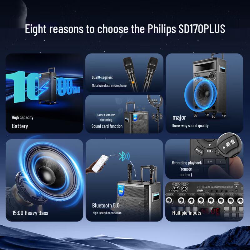 Philips SD170PLUS 15-inch Portable Bluetooth Trolley Speaker with Dual Mics