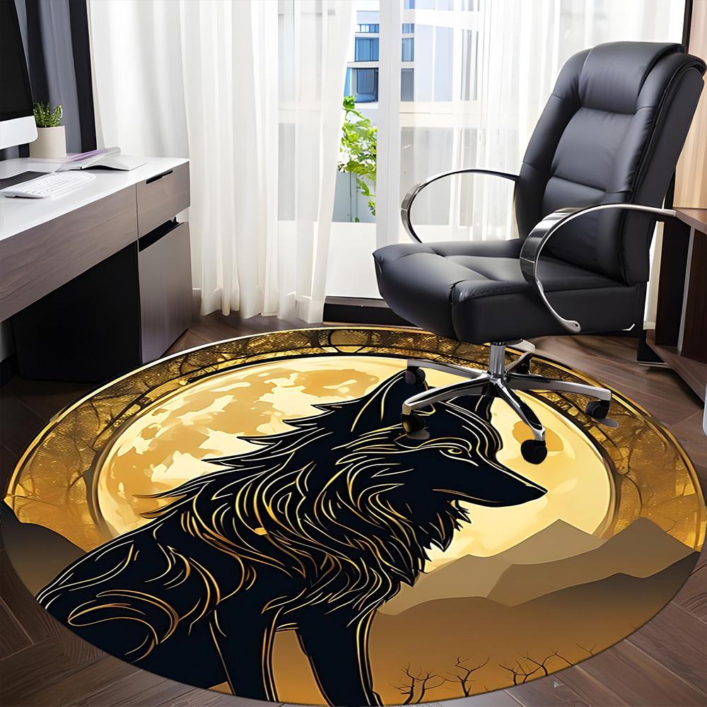 1pc Moon Wolf Office Round Area Rug, Under Office Chairs Bedroom Living Room Home Decor, Room Deco