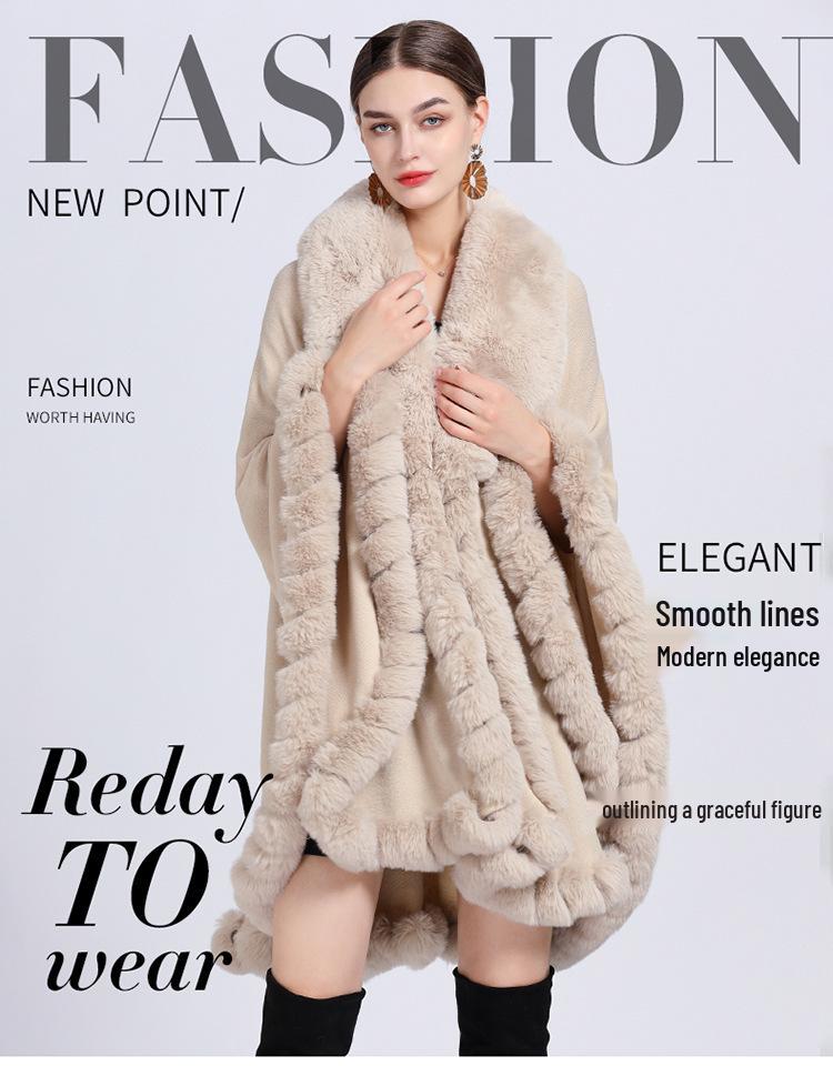 Women's Imitation Rex Rabbit Fur Collar Shawl Cape - Large Size, Knitted Loose Fit Cardigan for Autumn and Winter