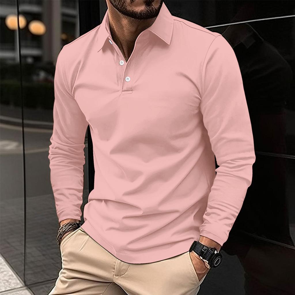 Fashionable Men's Polo Shirt Men's Long-Sleeved Sports Top Solid-Colour Loose-Fit Tops