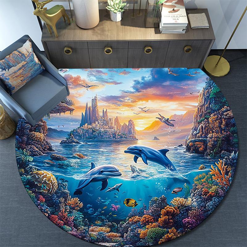 Dolphins Coral Round Area Rug,Carpet Rug for Living Room Bedroom Sofa Playroom Decor,Non-slip Floor Mat