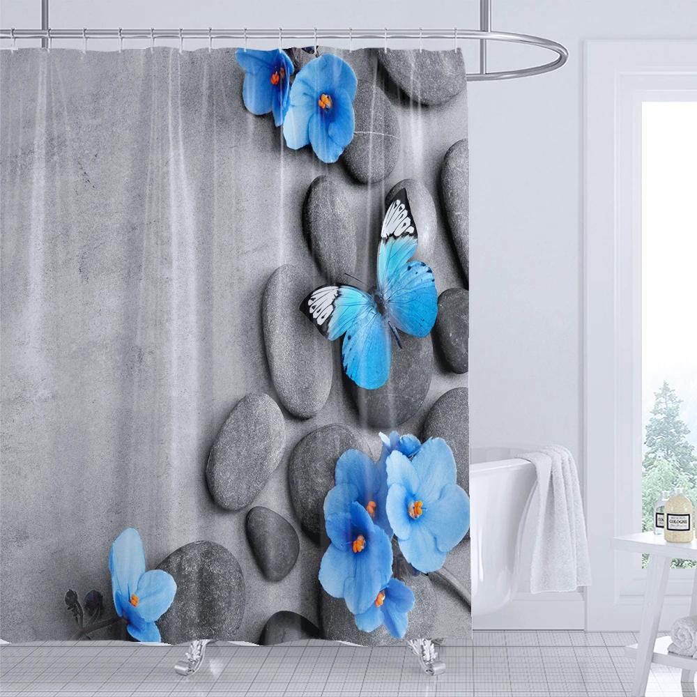Blue Butterfly Shower Curtain with Hook - Modern Plant Floral Design, Printed Polyester Fabric Bathroom Decoration Curtain