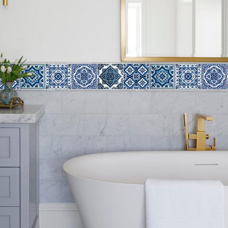 Portuguese Tile Stickers 24pcs Antique Portuguese Design Tile Stickers Self-Adhesive Waterproof Self-Adhesive Vintage Tile Peel