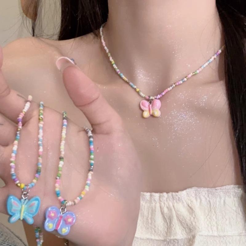 Verschiedene Mädchen farbige Schmetterling Perlenkette weiblich süß Kinder Sommer niedlich Cartoon Schlüsselbein Kette Trend