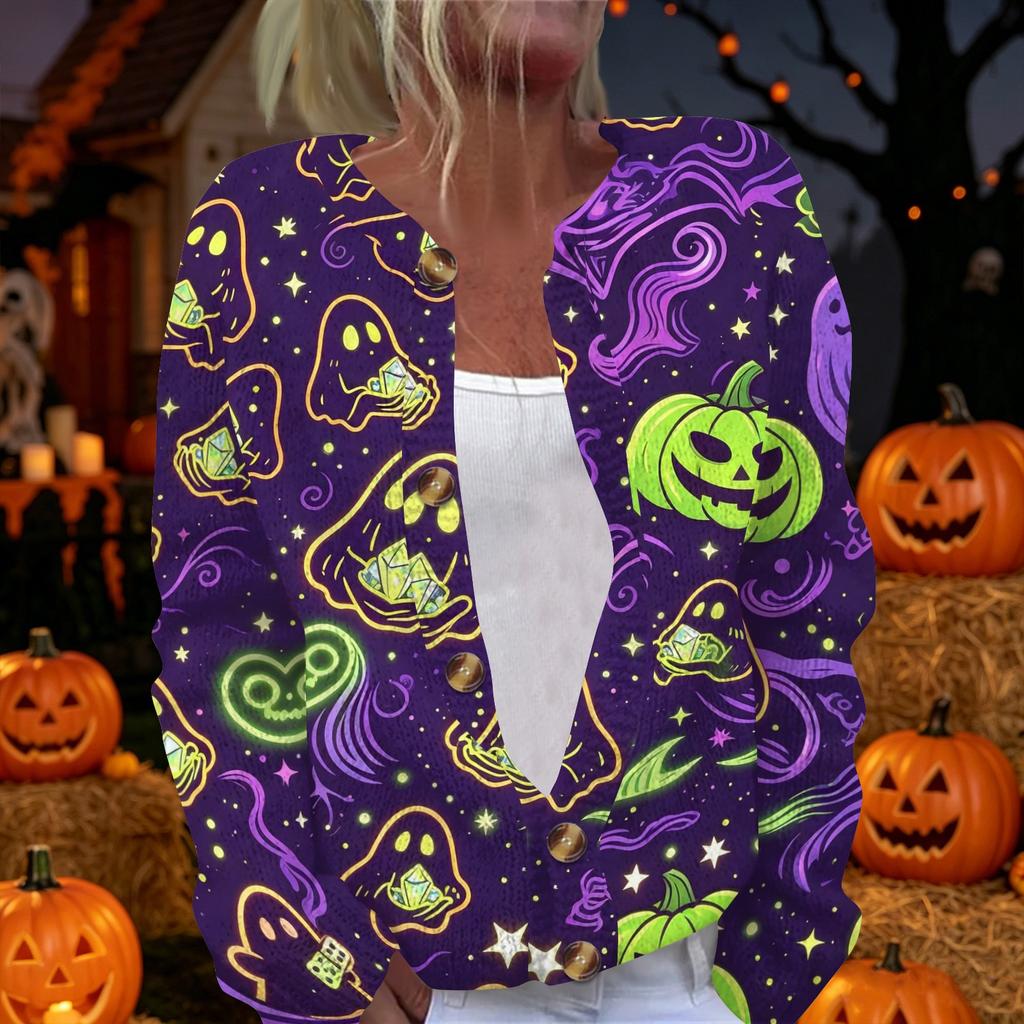 Womens Halloween Print Long Sleeve Knit Cardigan Button Up Sweater Coat Lightweight Casual Outerwear for Fall and Winter