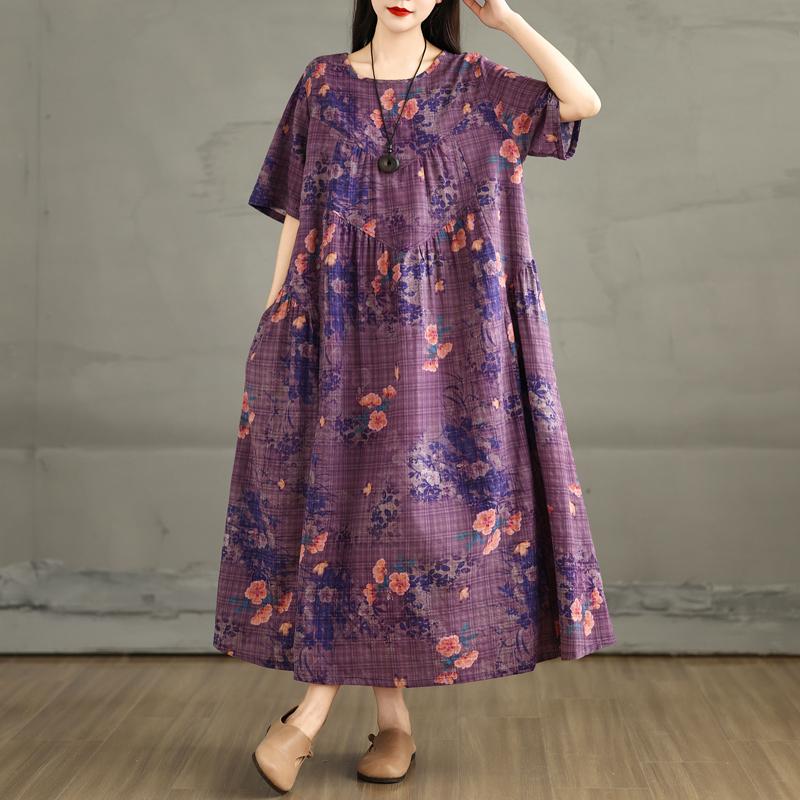 DIMANAF 2025 Summer Women Plus Size Dress New Floral Dress Linen Basic Casual Elegant Loose Vintage Dress Maxi