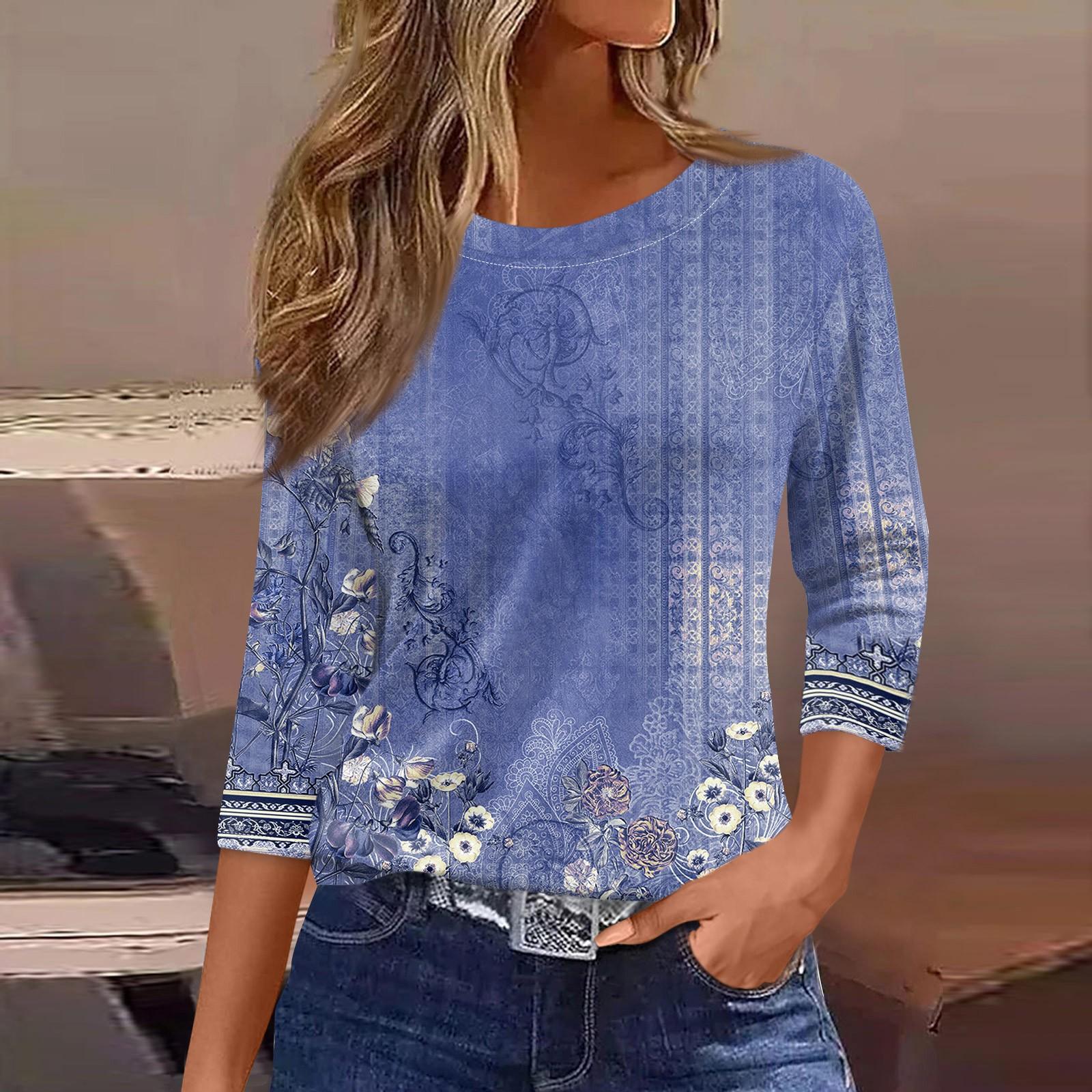 

Женские топы с рукавами 3/4, цветочный принт, винтажная мода, повседневные свободные рубашки с круглым вырезом больших размеров XXXL