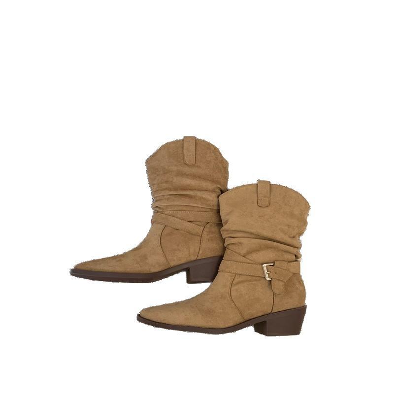 Queen Fan retro thick heel western cowboy boots women's 2025 new autumn with skirt, thin and heightened short boots