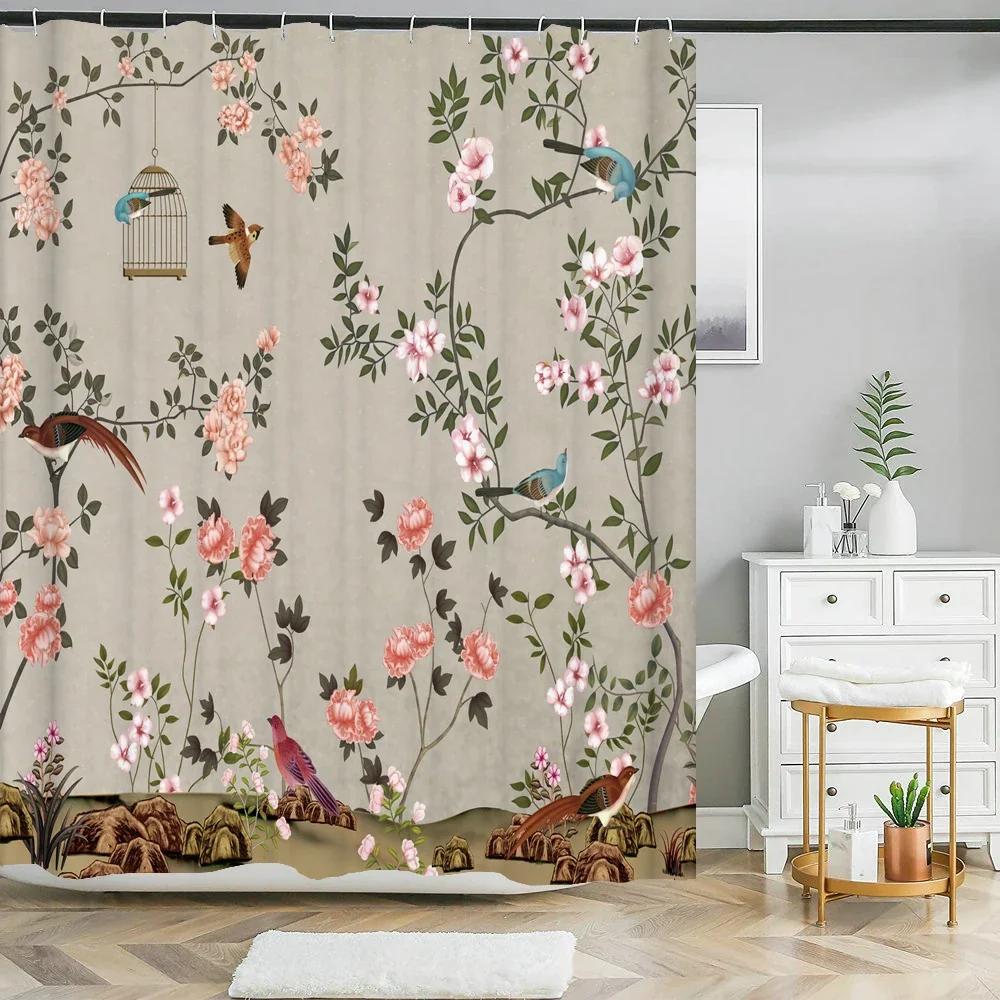 Plant Flowers and Birds Shower Curtain 180x180cm Floral Printed Shower Curtain Polyester Bath Curtain Bathroom Decor With Hooks