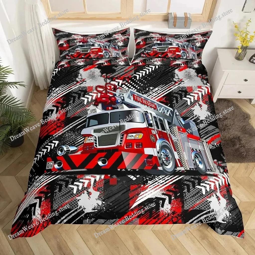 Firefighter Car Duvet Cover Set,Fire Truck Bedding Set King, Honeycomb and Fire Comforter Cover Fire Engine Vehicle Quilt Cover