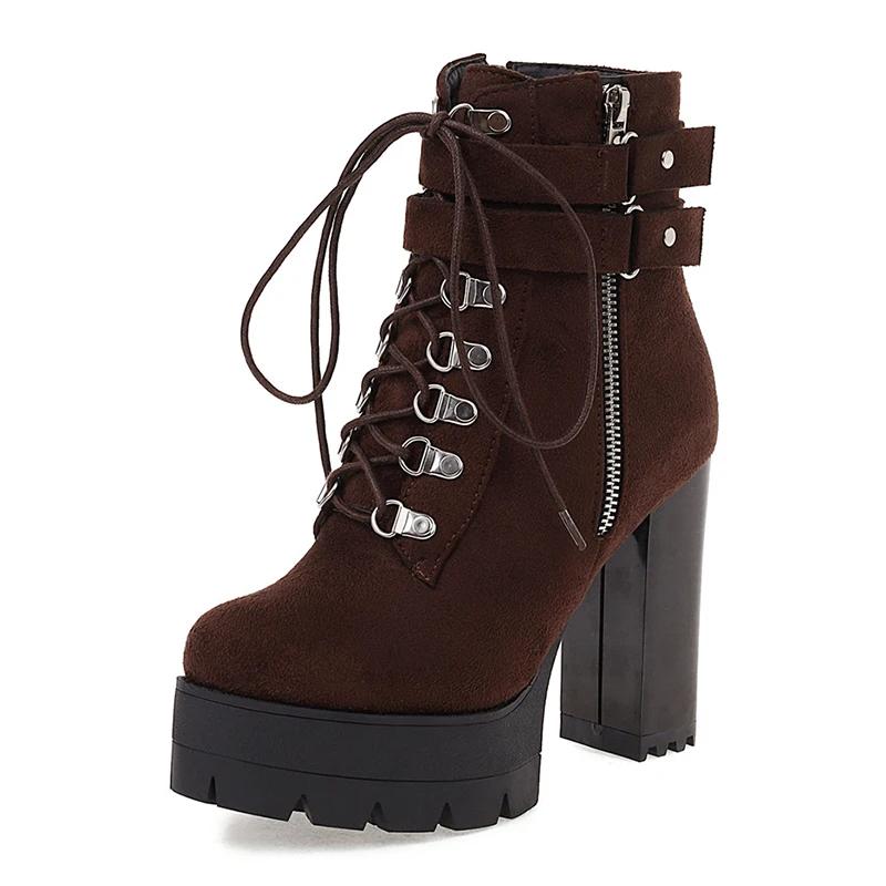 Belt Buckle Ankle Boots - High Platform Cross - Tied Zip, Office Lady Autumn Street Style Plus Size