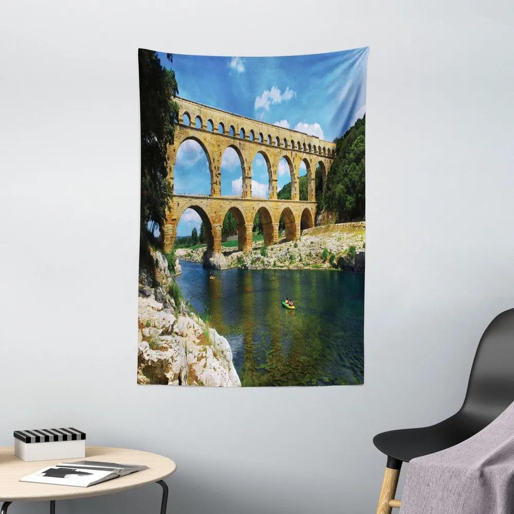 Ancient Roman Aqueduct Tapestry, Pont du Gard France Landmark Wall Hanging, Historic Architecture Decor for Living Room Bedroom 100X70CM