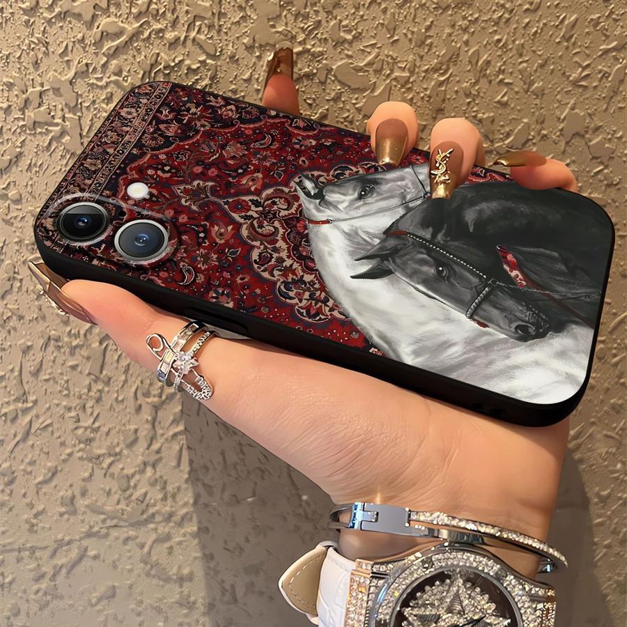 Animal Horse Pattern Black Soft Phone Cover Case for iPhone 15 16 14 Plus 7 8 13 12 11 17 Pro Max 17Air XR XS Max