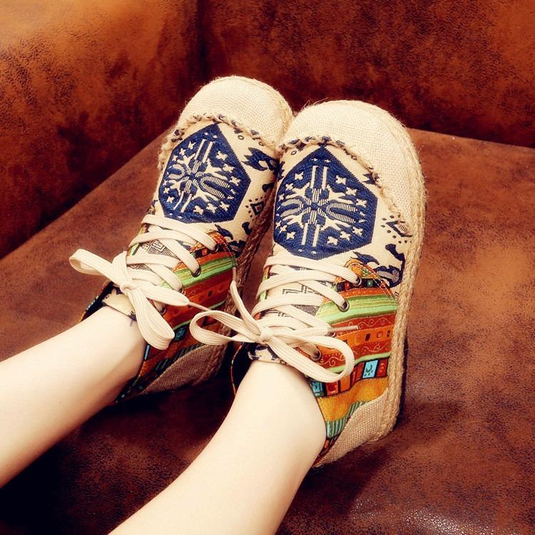 

New girls embroidered cloth shoes flat-soled high-top cotton shoes boots ethnic style linen student cloth shoes 35 [see product details for size selection] синий